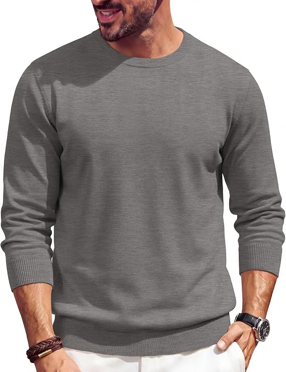 🔥Mens Crewneck Sweater Casual Knit Long Sleeve Lightweight Pullover
