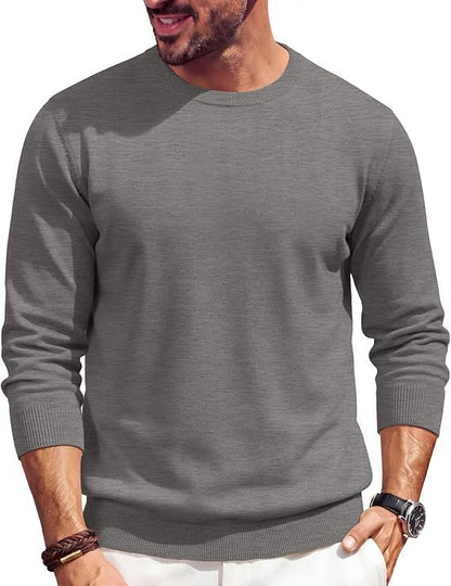 🔥Mens Crewneck Sweater Casual Knit Long Sleeve Lightweight Pullover