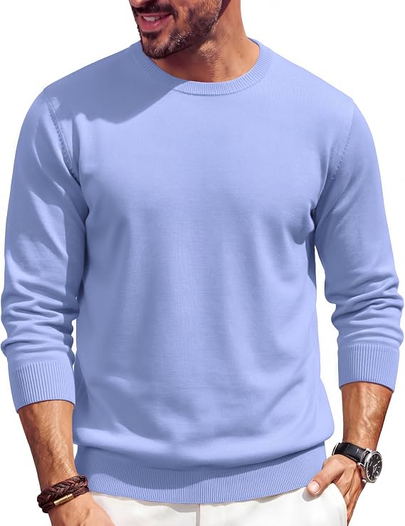 🔥Mens Crewneck Sweater Casual Knit Long Sleeve Lightweight Pullover