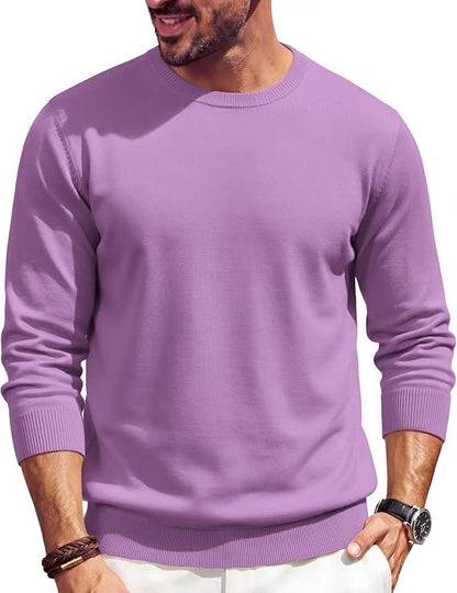 🔥Mens Crewneck Sweater Casual Knit Long Sleeve Lightweight Pullover
