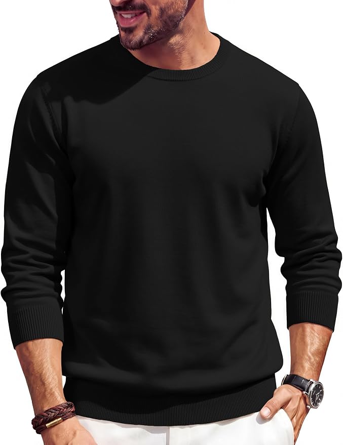 🔥Mens Crewneck Sweater Casual Knit Long Sleeve Lightweight Pullover