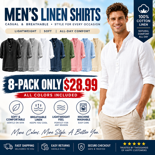 💥 Final Countdown Begins 💥Men's Linen Shirts Casual Cotton 3/4 Sleeve Regular-Fit Henley T-Shirt