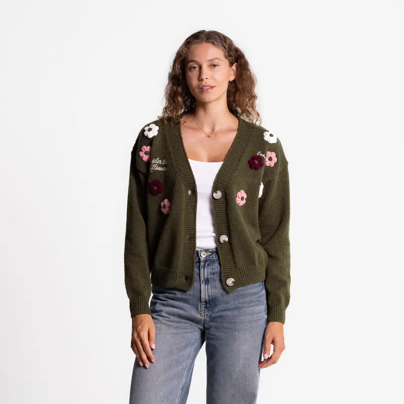 Love in Faith Women's Embroidered Casual V Neck Cardigan Sweater Button Down Long Sleeve Knit Top with Cute Graphic Design for Daily Versatile Wear