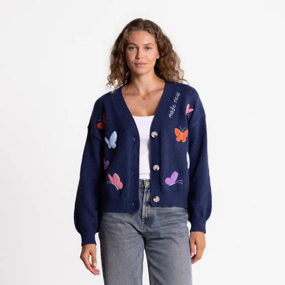 Love in Faith Women's Embroidered Casual V Neck Cardigan Sweater Button Down Long Sleeve Knit Top with Cute Graphic Design for Daily Versatile Wear