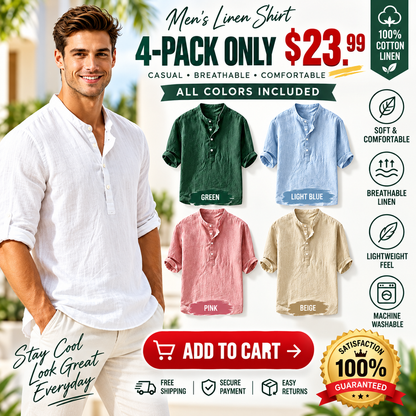 💥 Final Countdown Begins 💥Men's Linen Shirts Casual Cotton 3/4 Sleeve Regular-Fit Henley T-Shirt