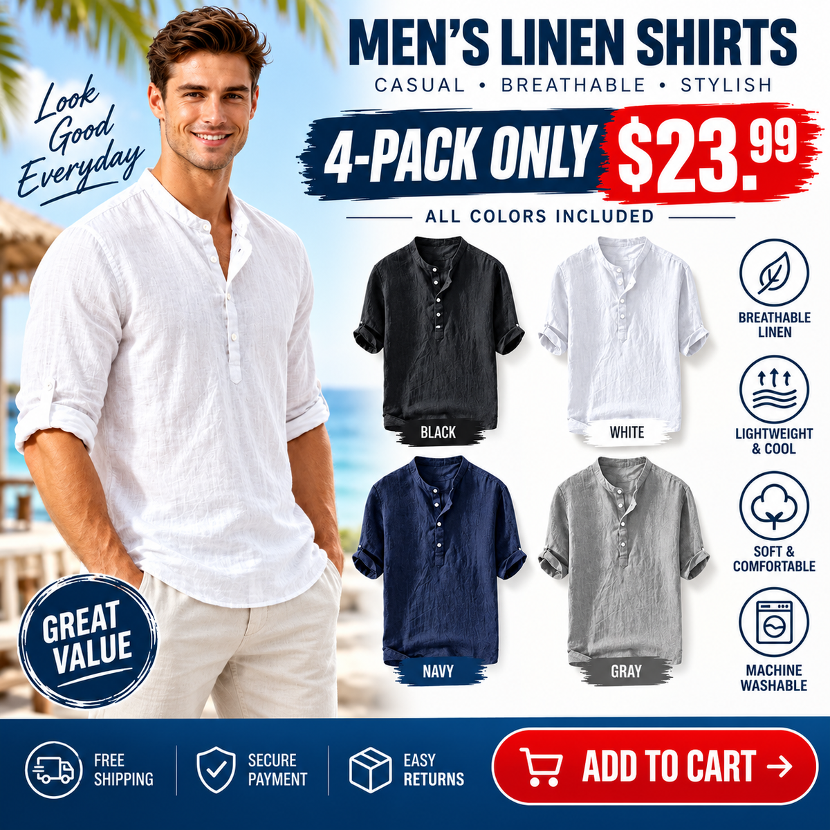 💥 Final Countdown Begins 💥Men's Linen Shirts Casual Cotton 3/4 Sleeve Regular-Fit Henley T-Shirt