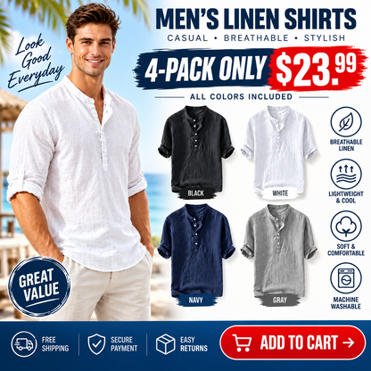 💥 Final Countdown Begins 💥Men's Linen Shirts Casual Cotton 3/4 Sleeve Regular-Fit Henley T-Shirt