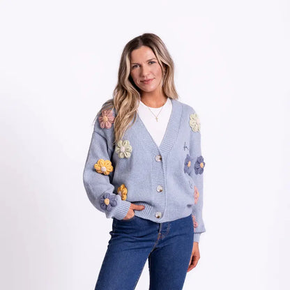 Love in Faith Women's Embroidered Casual V Neck Cardigan Sweater Button Down Long Sleeve Knit Top with Cute Graphic Design for Daily Versatile Wear
