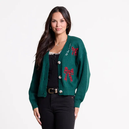 Love in Faith Women's Embroidered Casual V Neck Cardigan Sweater Button Down Long Sleeve Knit Top with Cute Graphic Design for Daily Versatile Wear