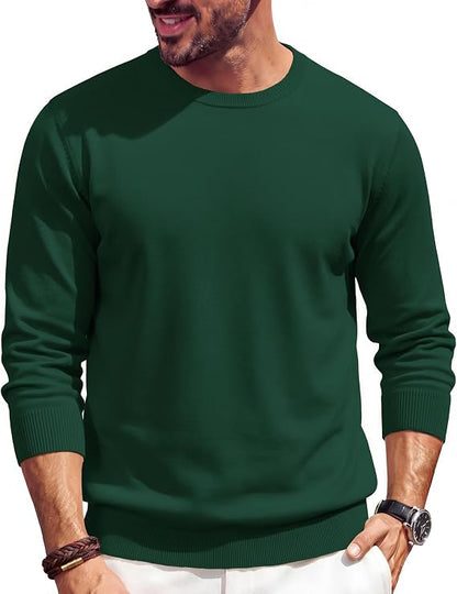 🔥Mens Crewneck Sweater Casual Knit Long Sleeve Lightweight Pullover