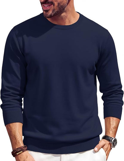 🔥Mens Crewneck Sweater Casual Knit Long Sleeve Lightweight Pullover