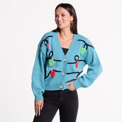 Love in Faith Women's Embroidered Casual V Neck Cardigan Sweater Button Down Long Sleeve Knit Top with Cute Graphic Design for Daily Versatile Wear