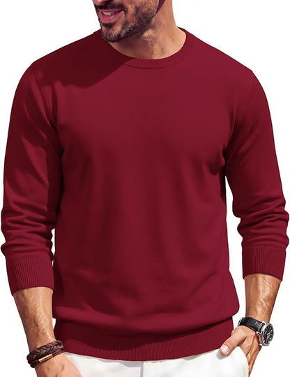 🔥Mens Crewneck Sweater Casual Knit Long Sleeve Lightweight Pullover