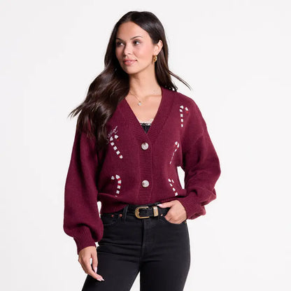 Love in Faith Women's Embroidered Casual V Neck Cardigan Sweater Button Down Long Sleeve Knit Top with Cute Graphic Design for Daily Versatile Wear